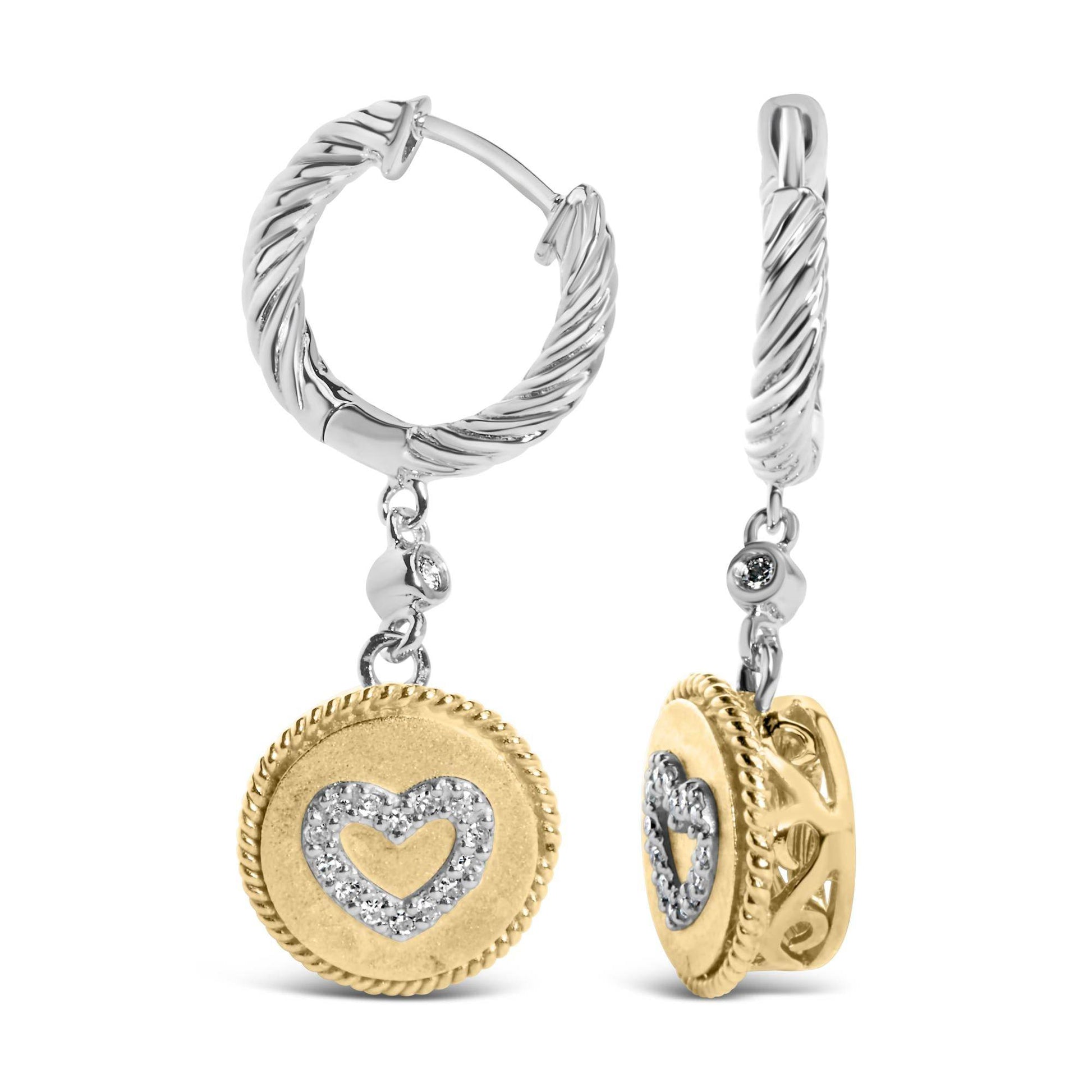 18K Yellow Gold Plated .925 Sterling Silver 1/8 Cttw Diamond Heart Medallion Drop and Dangle Earring (I-J Color, SI1-SI2 Clarity) - Bijoux-NYC Direct