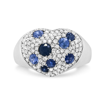 18K White Gold Blue Sapphire and 5/8 Cttw Diamond Cluster Heart Shaped Ring (F-G Color, VS1-VS2 Clarity) - Bijoux-NYC Direct