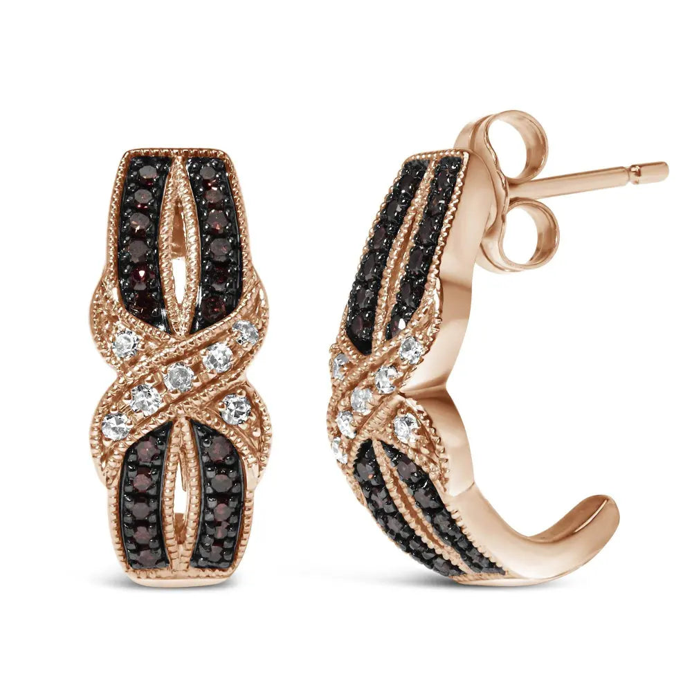 10K Rose Gold 1/3 Cttw White and Brown Diamond Milgrain Criss Cross J-Hoop Earrings (I-J Color, I1-I2 Clarity) - Bijoux-NYC Direct