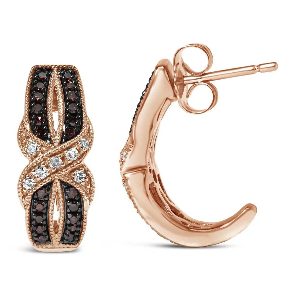10K Rose Gold 1/3 Cttw White and Brown Diamond Milgrain Criss Cross J-Hoop Earrings (I-J Color, I1-I2 Clarity) - Bijoux-NYC Direct