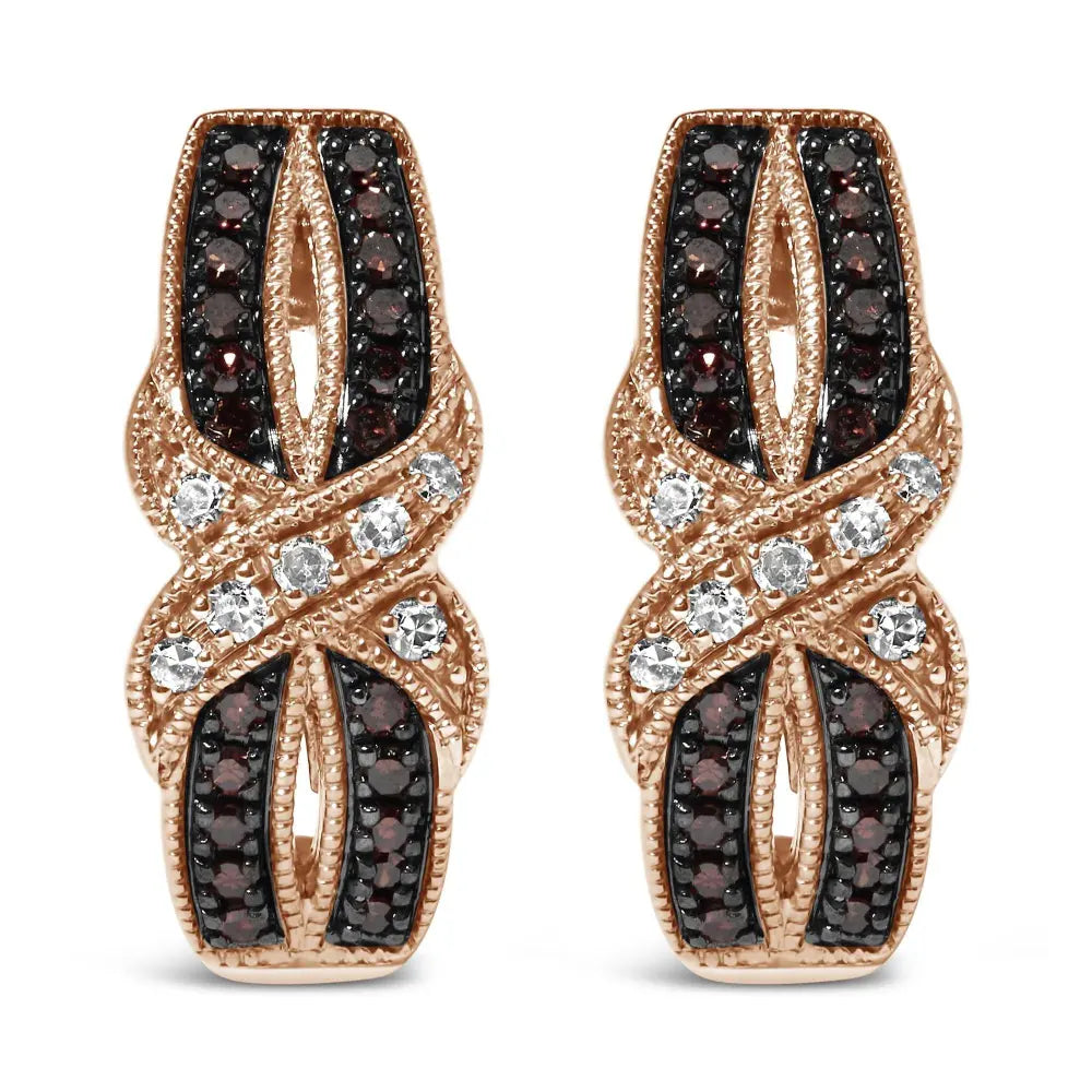 10K Rose Gold 1/3 Cttw White and Brown Diamond Milgrain Criss Cross J-Hoop Earrings (I-J Color, I1-I2 Clarity) - Bijoux-NYC Direct