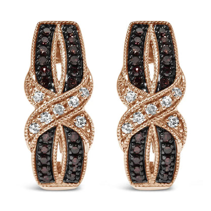 10K Rose Gold 1/3 Cttw White and Brown Diamond Milgrain Criss Cross J-Hoop Earrings (I-J Color, I1-I2 Clarity) - Bijoux-NYC Direct