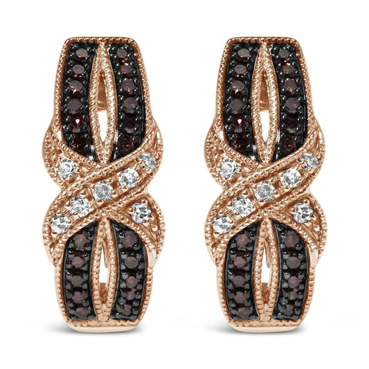 10K Rose Gold 1/3 Cttw White and Brown Diamond Milgrain Criss Cross J-Hoop Earrings (I-J Color, I1-I2 Clarity) - Bijoux-NYC Direct