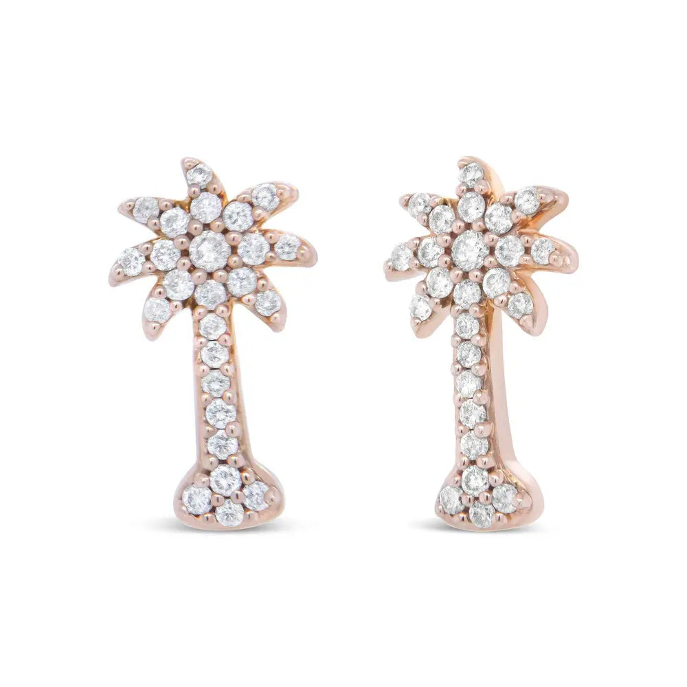 10K Rose Gold 1/4 Cttw Diamond Palm Tree Push Back Stud Earrings (H-I Color, I1-I2 Clarity) - Bijoux-NYC Direct