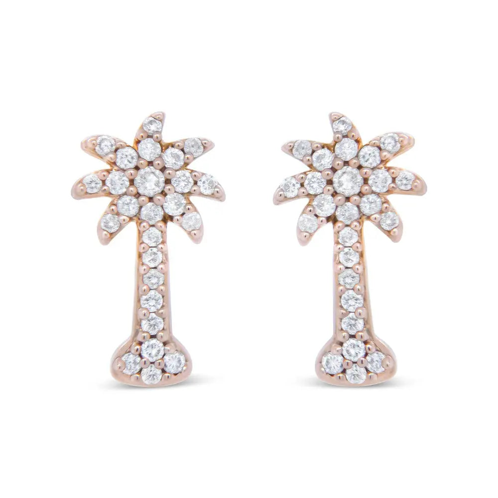 10K Rose Gold 1/4 Cttw Diamond Palm Tree Push Back Stud Earrings (H-I Color, I1-I2 Clarity) - Bijoux-NYC Direct