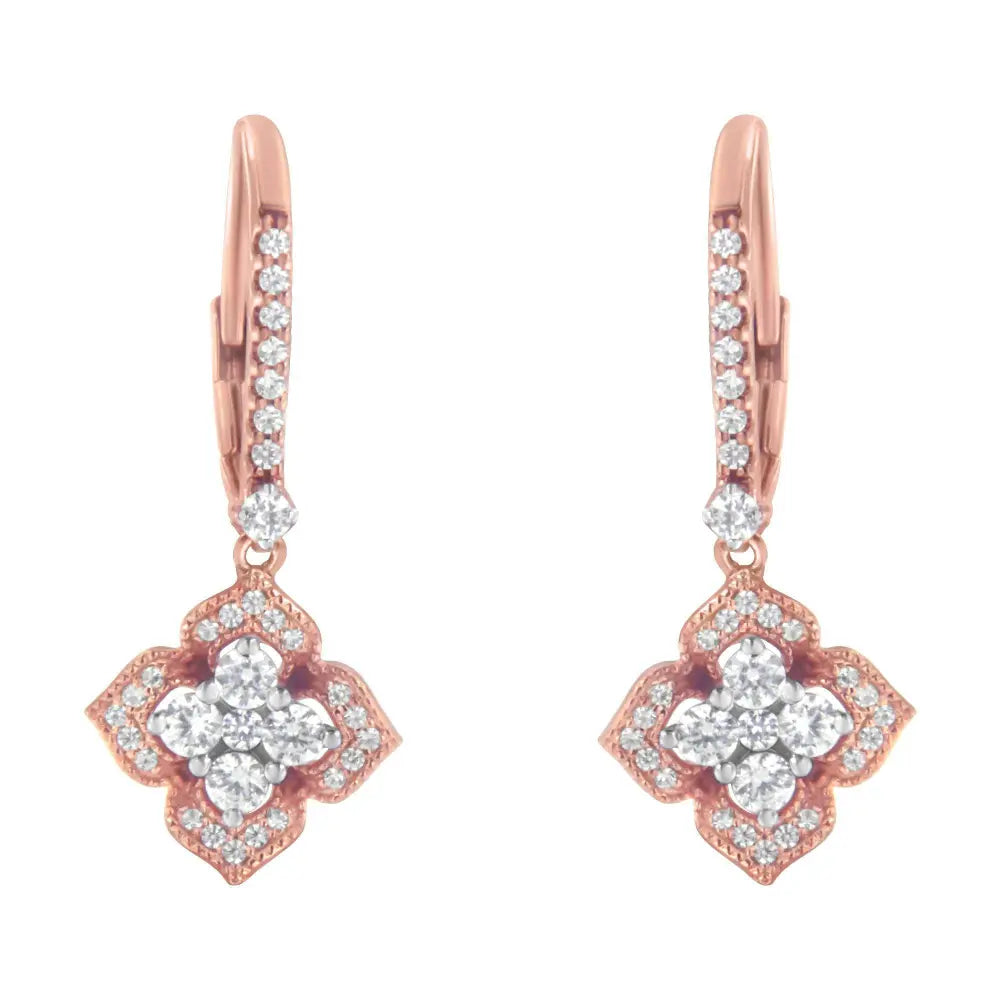 10K Rose Gold 3/4 Cttw Diamond Flower Drop Dangle Earring (I-J Color, I1-I2 Clarity) - Bijoux-NYC Direct