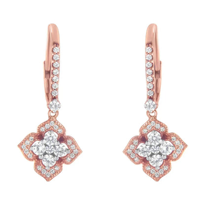 10K Rose Gold 3/4 Cttw Diamond Flower Drop Dangle Earring (I-J Color, I1-I2 Clarity) - Bijoux-NYC Direct