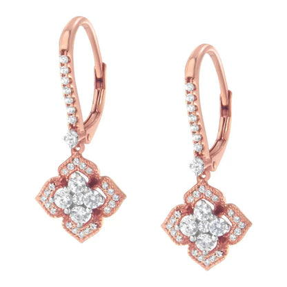 10K Rose Gold 3/4 Cttw Diamond Flower Drop Dangle Earring (I-J Color, I1-I2 Clarity) - Bijoux-NYC Direct