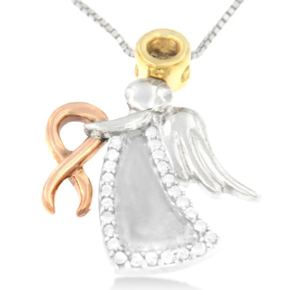 10K Tri-Color Gold Diamond-Accented Angel Awareness Ribbon Pendant Necklace (H-I Color, I1-I2 Clarity) - Bijoux-NYC Direct