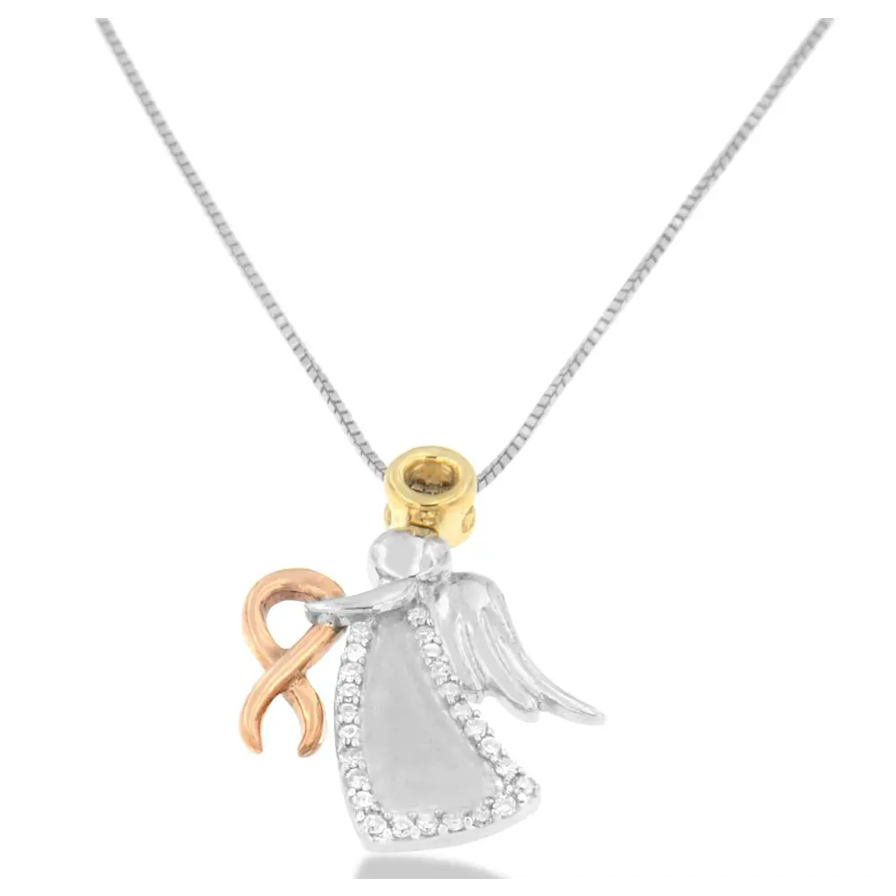 10K Tri-Color Gold Diamond-Accented Angel Awareness Ribbon Pendant Necklace (H-I Color, I1-I2 Clarity) - Bijoux-NYC Direct