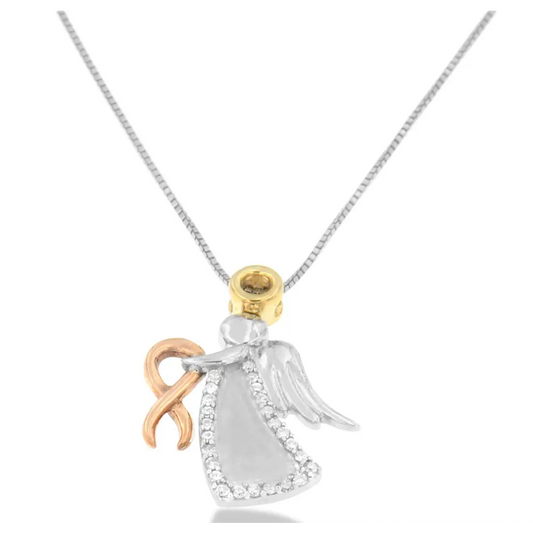 10K Tri-Color Gold Diamond-Accented Angel Awareness Ribbon Pendant Necklace (H-I Color, I1-I2 Clarity) - Bijoux-NYC Direct