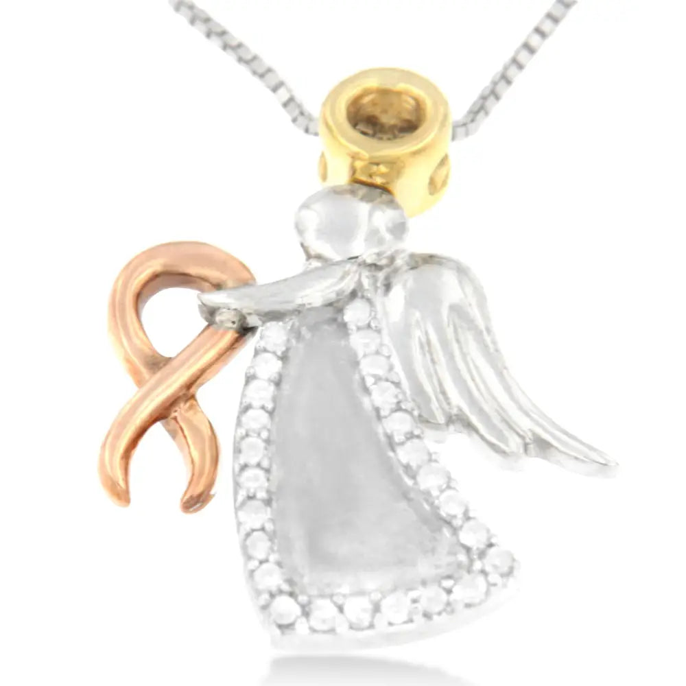10k tri-color gold diamond angel awareness ribbon pendant necklace bijoux-nyc direct