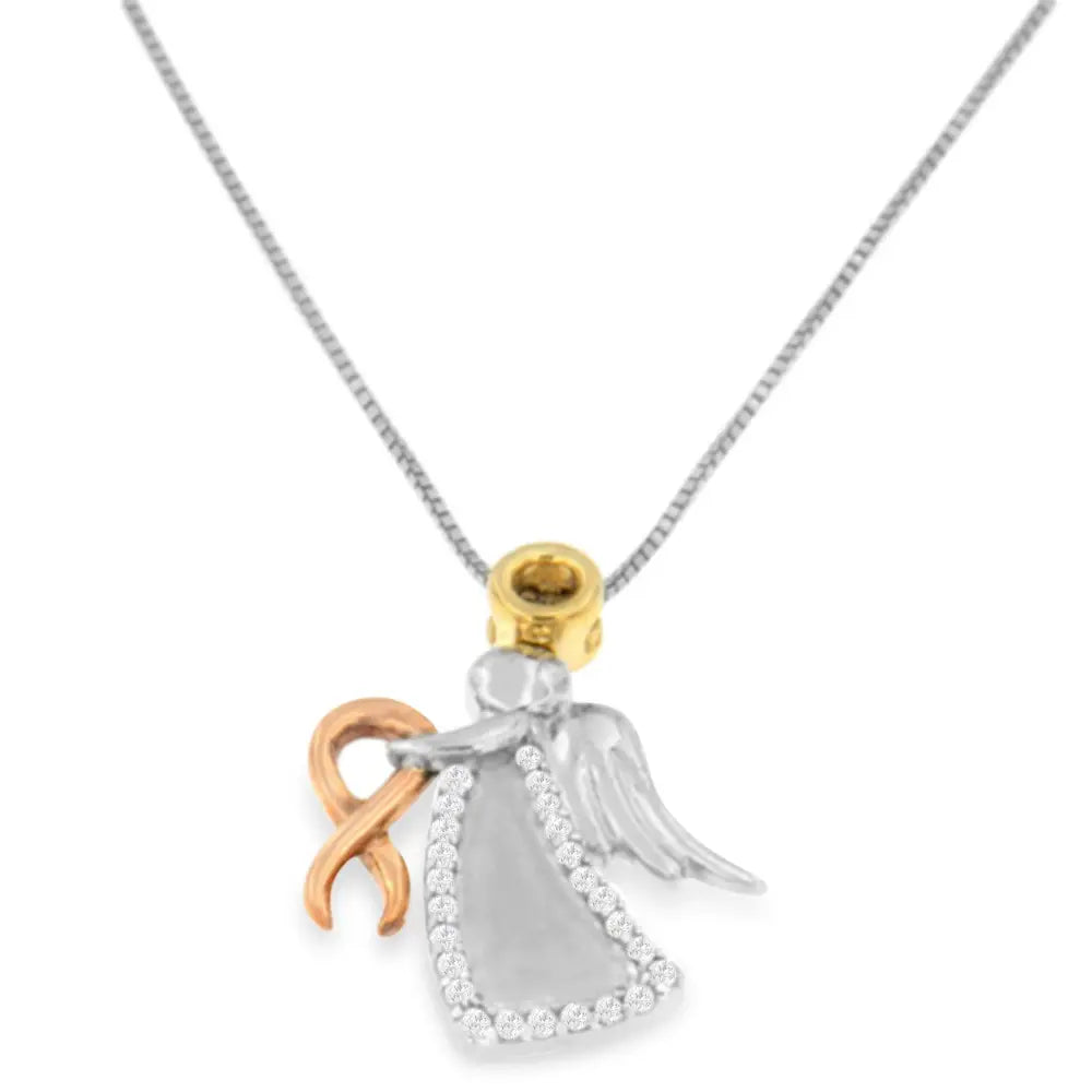 10k tri-color gold diamond angel awareness ribbon pendant necklace bijoux-nyc direct