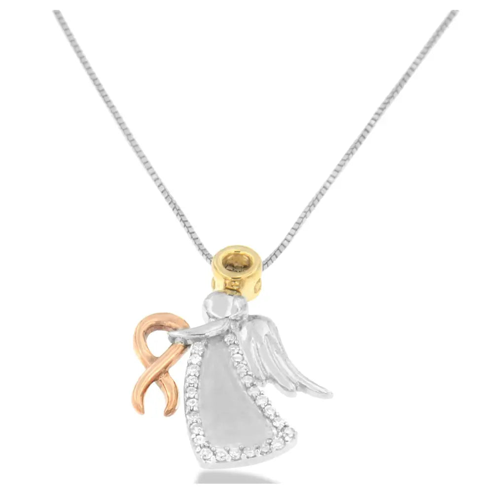 10k tri-color gold diamond angel awareness ribbon pendant necklace bijoux-nyc direct