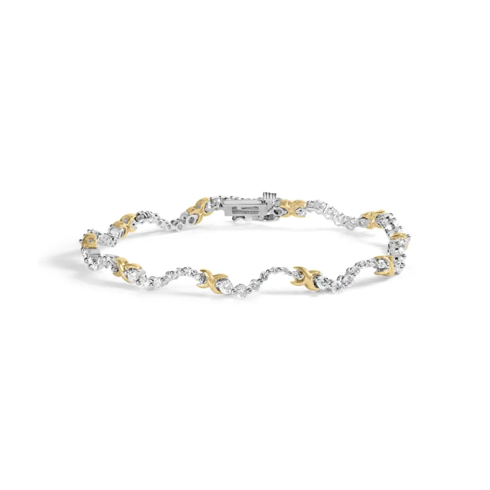 10k two tone 2.00 cttw diamond ’x’ and wave link bracelet (h i color i1 i2 clarity) 7’’ inches bracelets/bracelet/link handcrafted