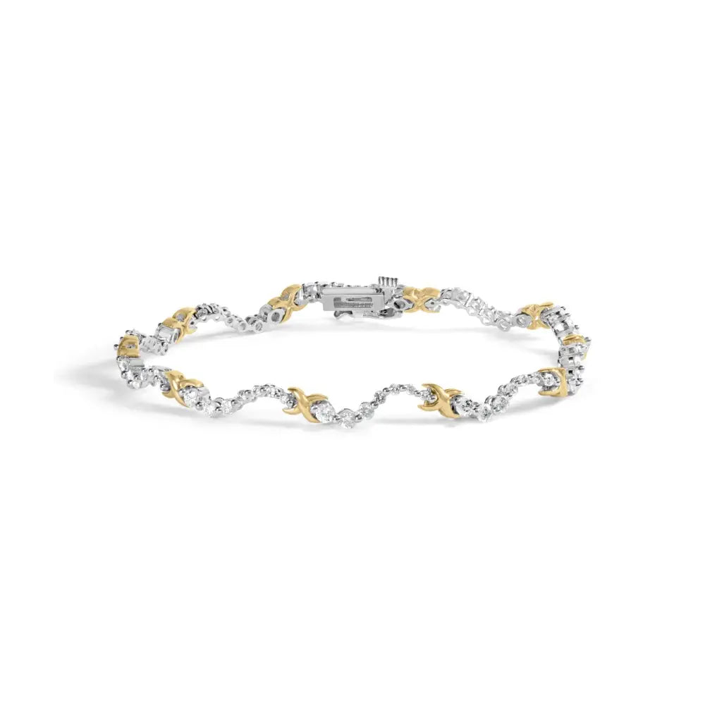 10k two-tone gold 2.00 cttw diamond x and wave link bracelet 7 inches bijoux-nyc direct