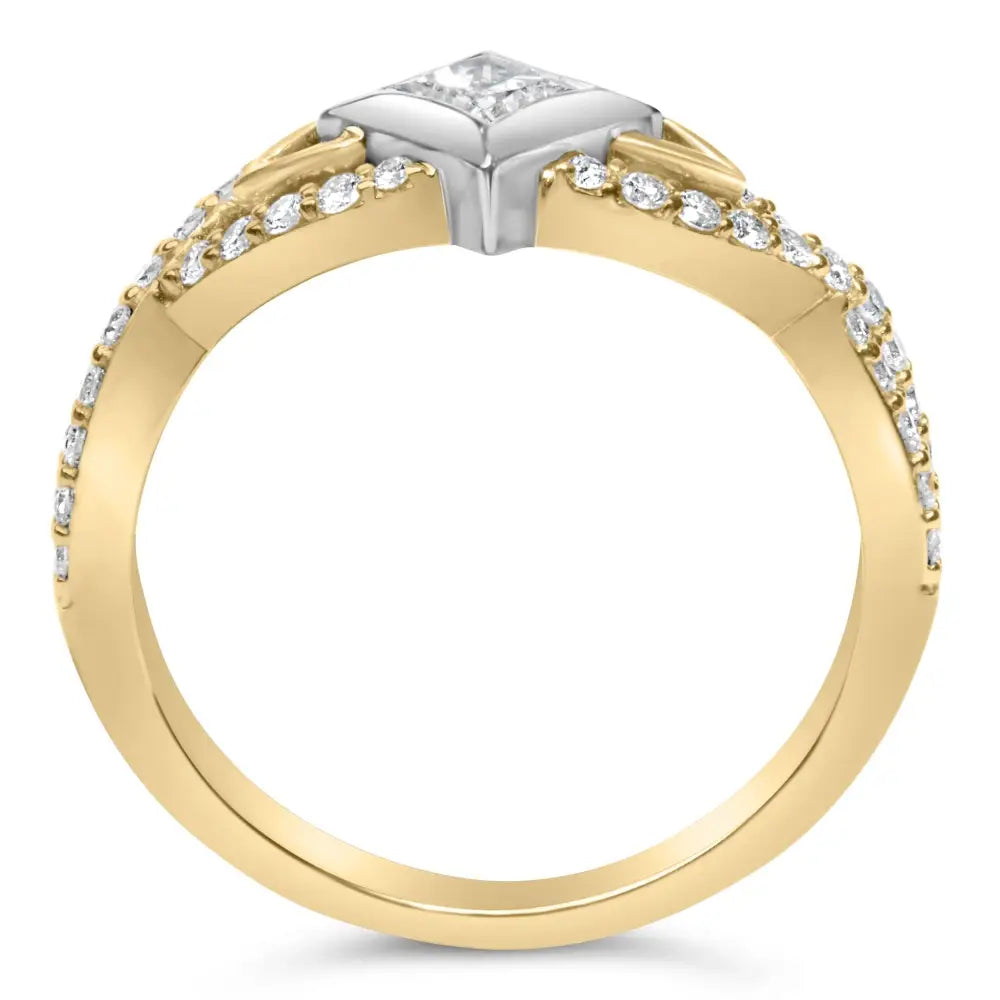 10k two tone 2/3 cttw princess diamond kite twist shank ring bijoux-nyc direct