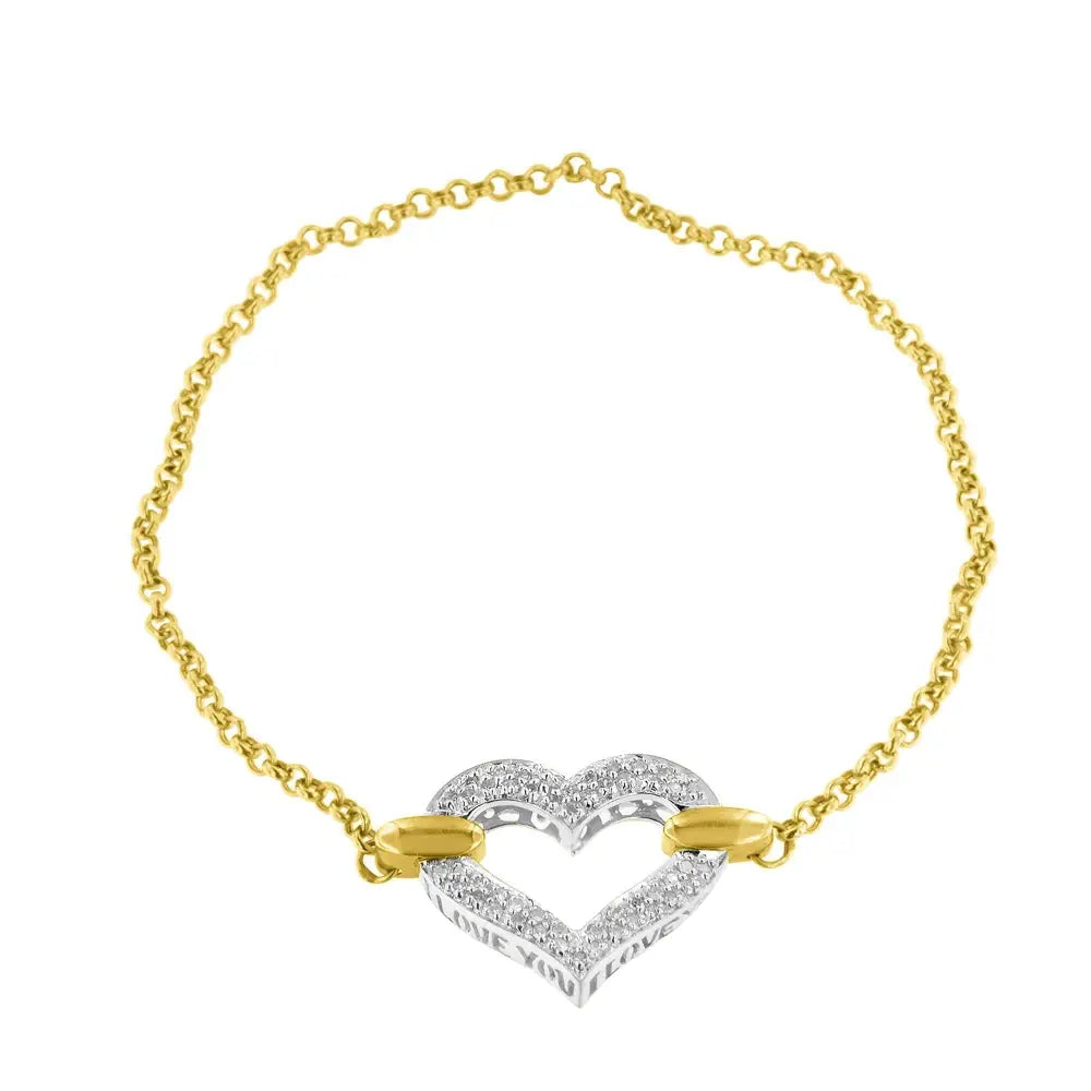 10k two tone gold 1/4 cttw diamond heart charm 7 inch bracelet bijoux-nyc direct