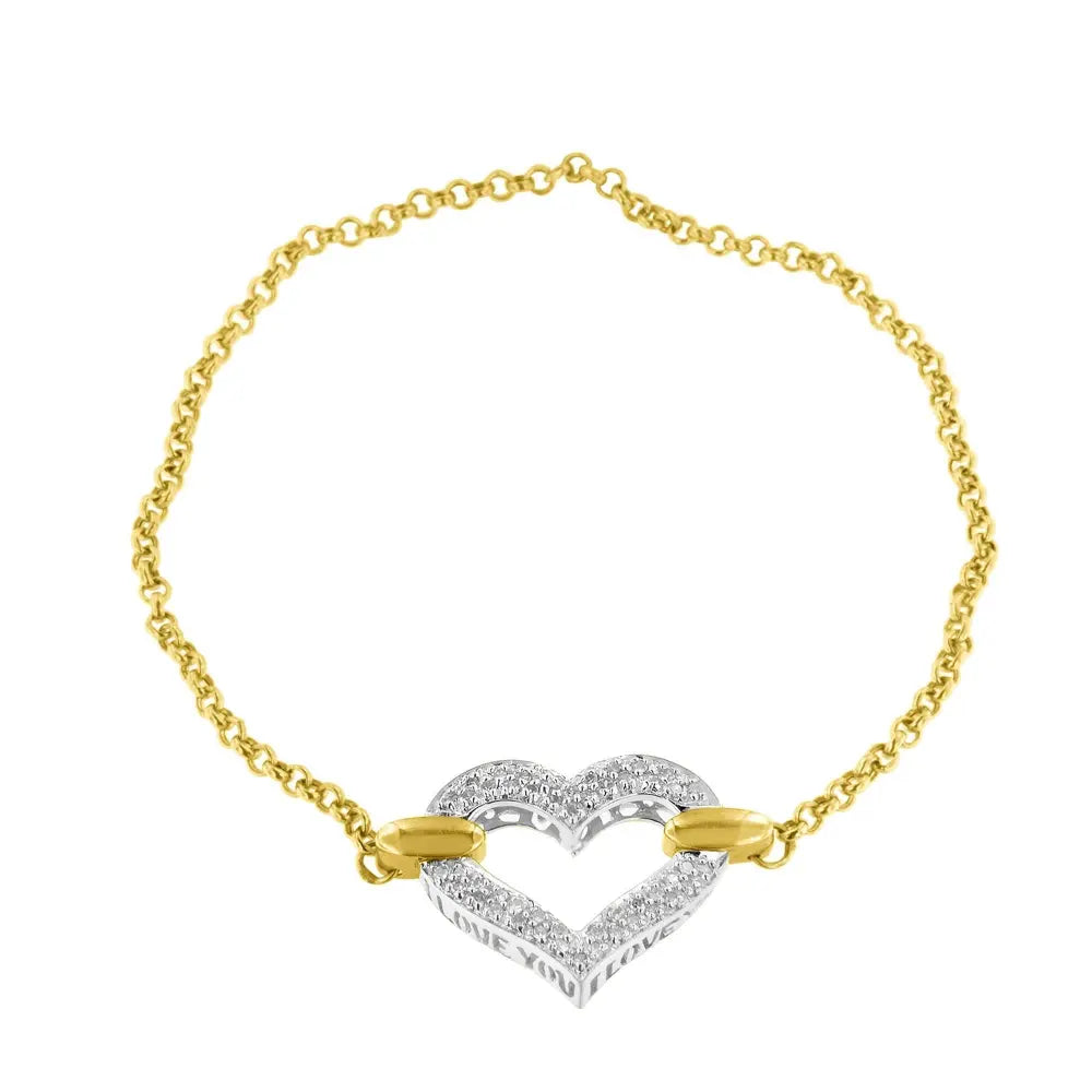 10k two tone gold 1/4 cttw diamond encrusted heart charm 7’’ bracelet (h i color i1 i2 clarity) bracelets/bracelet/charm