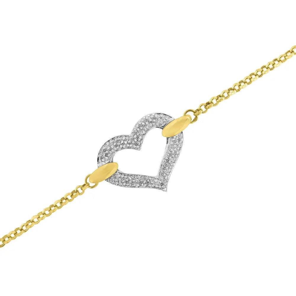 10k two tone gold 1/4 cttw diamond encrusted heart charm 7’’ bracelet (h i color i1 i2 clarity) bracelets/bracelet/charm