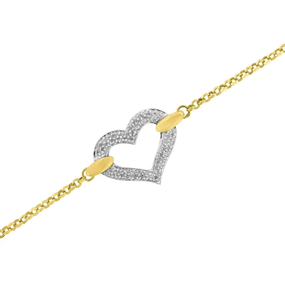 10k two tone gold 1/4 cttw diamond heart charm 7 inch bracelet bijoux-nyc direct