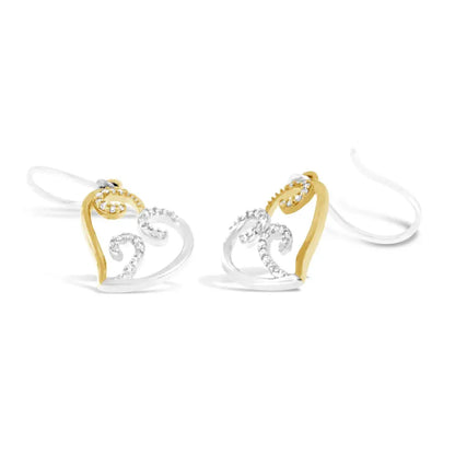 10K Two-tone Gold Round Diamond Heart Dangle Earrings (1/4 cttw, I-J Color, I2-I3 Clarity) - Bijoux-NYC Direct