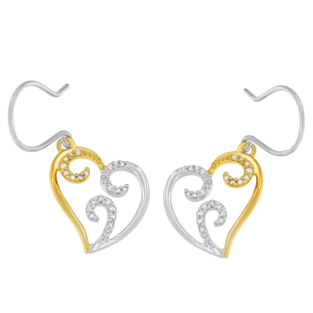 10K Two-tone Gold Round Diamond Heart Dangle Earrings (1/4 cttw, I-J Color, I2-I3 Clarity) - Bijoux-NYC Direct