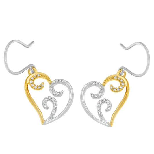 10K Two-tone Gold Round Diamond Heart Dangle Earrings (1/4 cttw, I-J Color, I2-I3 Clarity) - Bijoux-NYC Direct