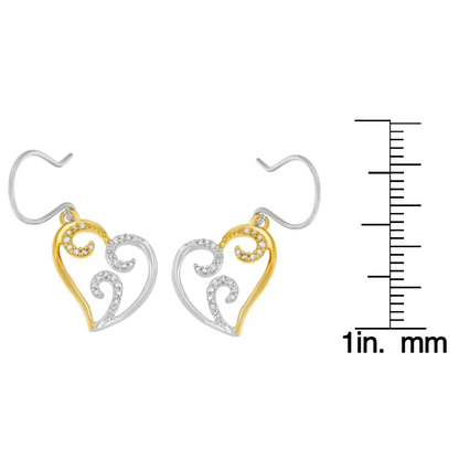 10K Two-tone Gold Round Diamond Heart Dangle Earrings (1/4 cttw, I-J Color, I2-I3 Clarity) - Bijoux-NYC Direct