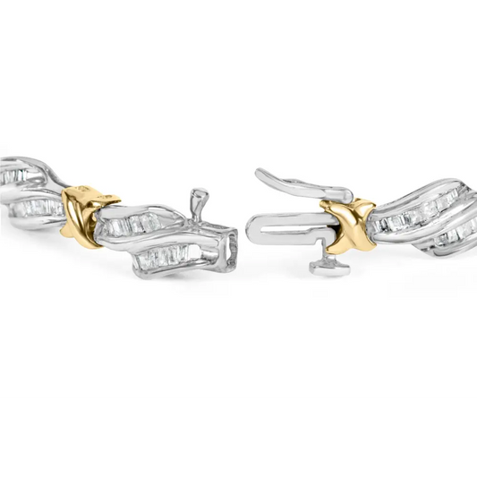 10k two toned gold 2.00 cttw channel set baguette diamond weave and ’x’ spiral link bracelet (h i color i1 i2 clarity) 7’’