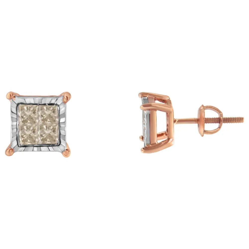 10K Two-Toned Princess-Cut Composite Diamond Stud Earrings (1/2 cttw, J-K Color, I1-I2 Clarity) - Bijoux-NYC Direct