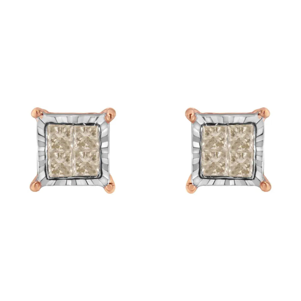 10K Two-Toned Princess-Cut Composite Diamond Stud Earrings (1/2 cttw, J-K Color, I1-I2 Clarity) - Bijoux-NYC Direct