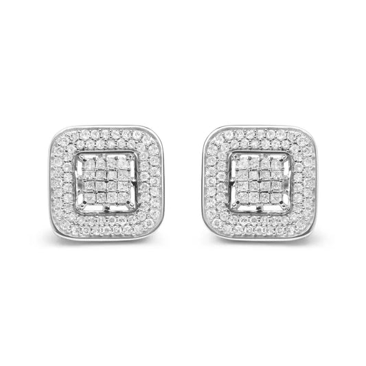 10K White Gold 1.0 Cttw Round and Princess Cut Diamond Composite Open Halo Stud Earrings (H-I Color, SI1-SI2 Clarity) - Bijoux-NYC Direct