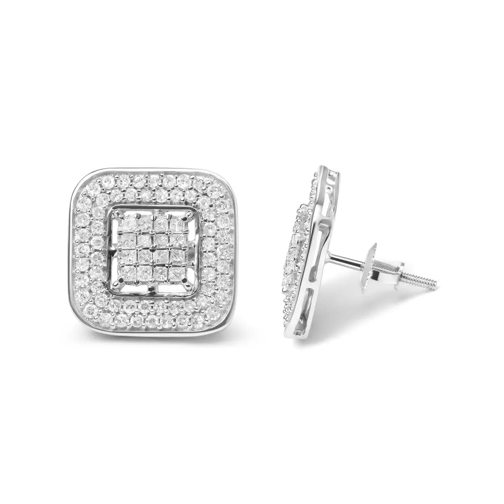 10k white gold 1ctw princess and round diamond open halo stud earrings bijoux-nyc direct