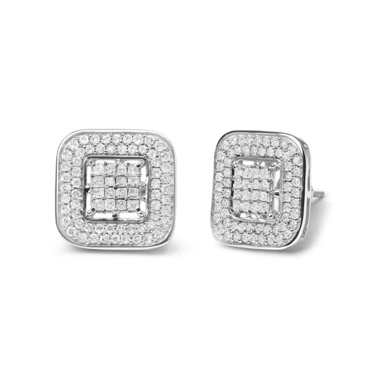 10K White Gold 1.0 Cttw Round and Princess Cut Diamond Composite Open Halo Stud Earrings (H-I Color, SI1-SI2 Clarity) - Bijoux-NYC Direct