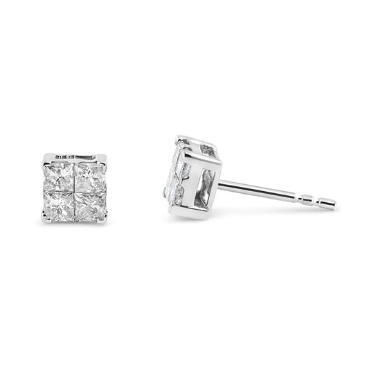 10K White Gold 1.00 cttw Invisible Set Princess-Cut Diamond Composite Square Shape Stud Earrings (G-H Color, I2-I3 Clarity) - Bijoux-NYC Direct