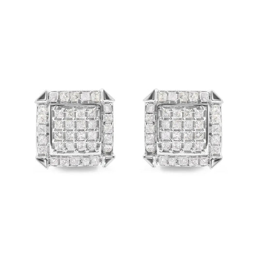 10K White Gold 1 1/10 Cttw Princess Diamond Composite and Halo Stud Earrings (I-J Color, I1-I2 Clarity) - Bijoux-NYC Direct
