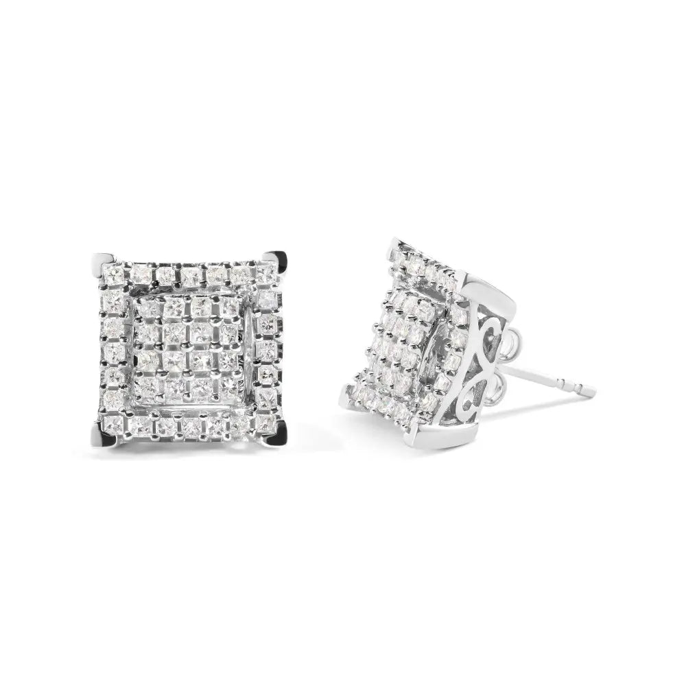 10K White Gold 1 1/4 Cttw Princess Diamond Composite Double Square and Halo Stud Earrings (I-J Color, I1-I2 Clarity) - Bijoux-NYC Direct