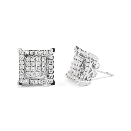 10K White Gold 1 1/4 Cttw Princess Diamond Composite Double Square and Halo Stud Earrings (I-J Color, I1-I2 Clarity) - Bijoux-NYC Direct