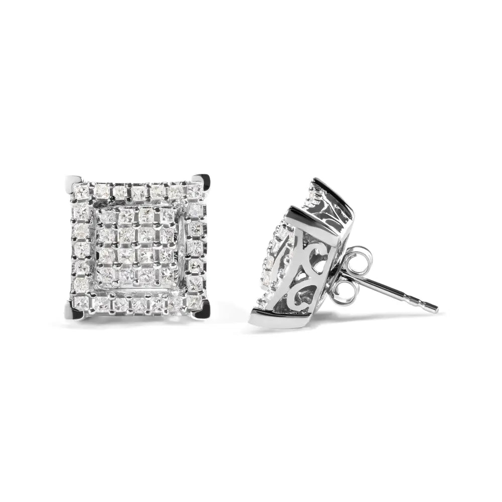 10k white gold 1 1/4 cttw princess diamond double square halo stud earrings bijoux-nyc direct