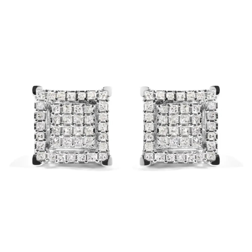 10k white gold 1 1/4 cttw princess diamond double square halo stud earrings bijoux-nyc direct