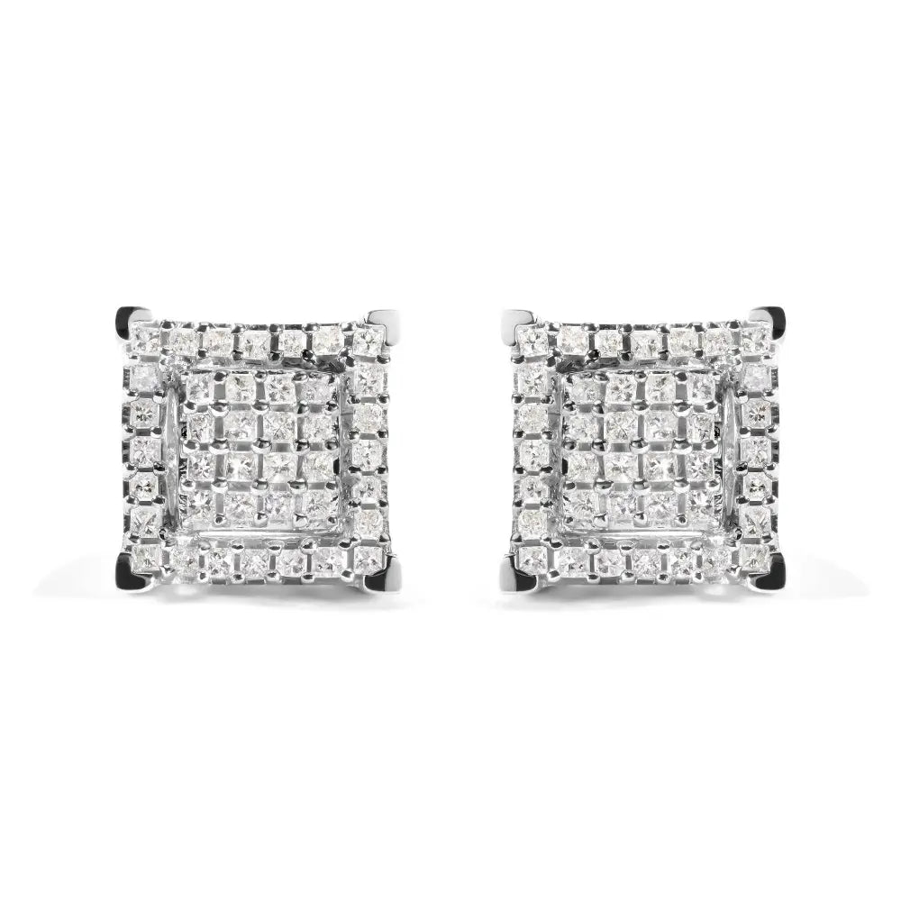 10K White Gold 1 1/4 Cttw Princess Diamond Composite Double Square and Halo Stud Earrings (I-J Color, I1-I2 Clarity) - Bijoux-NYC Direct