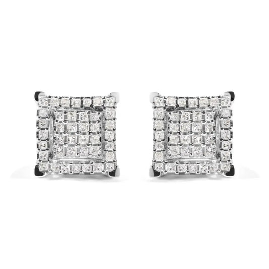 10K White Gold 1 1/4 Cttw Princess Diamond Composite Double Square and Halo Stud Earrings (I-J Color, I1-I2 Clarity) - Bijoux-NYC Direct