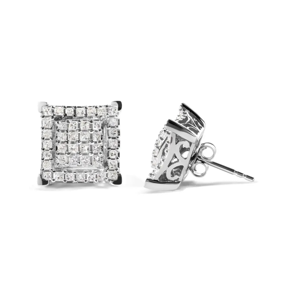 10K White Gold 1 1/4 Cttw Princess Diamond Composite Double Square and Halo Stud Earrings (I-J Color, I1-I2 Clarity) - Bijoux-NYC Direct