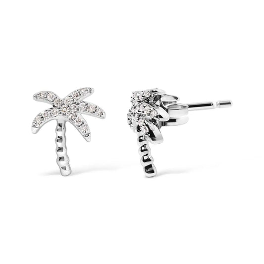 10K White Gold 1/10 Cttw Diamond Encrusted Palm Tree Stud Earrings (H-I Color, I1-I2 Clarity) - Bijoux-NYC Direct