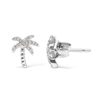 10K White Gold 1/10 Cttw Diamond Encrusted Palm Tree Stud Earrings (H-I Color, I1-I2 Clarity) - Bijoux-NYC Direct