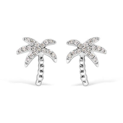 10K White Gold 1/10 Cttw Diamond Encrusted Palm Tree Stud Earrings (H-I Color, I1-I2 Clarity) - Bijoux-NYC Direct
