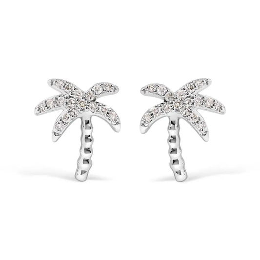 10K White Gold 1/10 Cttw Diamond Encrusted Palm Tree Stud Earrings (H-I Color, I1-I2 Clarity) - Bijoux-NYC Direct
