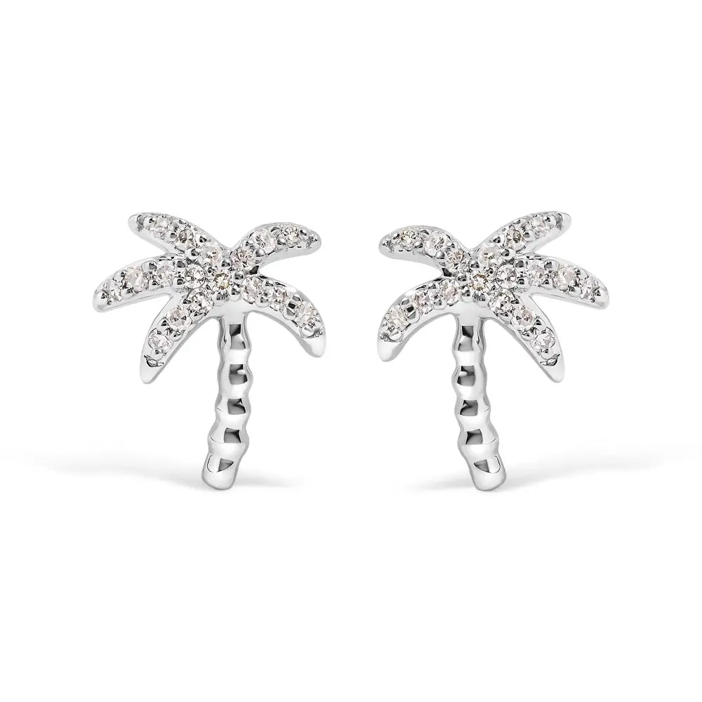 10k white gold 1/10 cttw diamond pave palm tree stud earrings bijoux-nyc direct