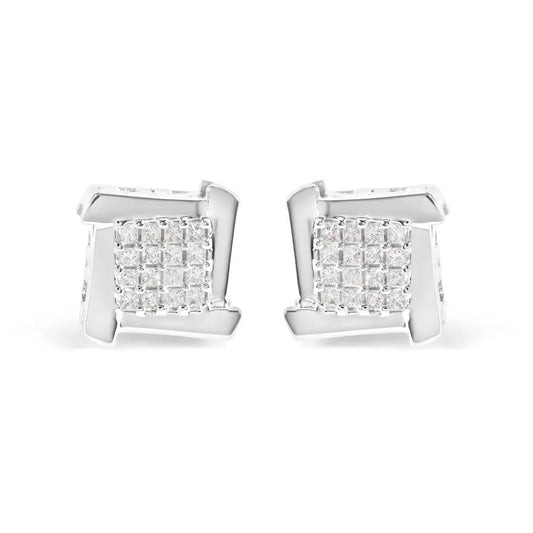 10K White Gold 1/2 Cttw Composite Princess Diamond Square and Swirl Stud Earrings (I-J Color, I1-I2 Clarity) - Bijoux-NYC Direct